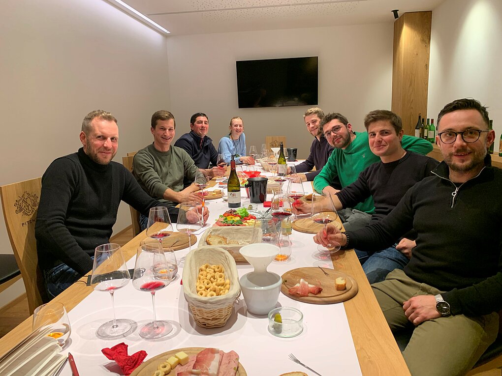 From left: Thomas Rottensteiner (Weingut Obermoser), Florian Ramoser (Weingut Untermoserhof), Hans Spögler (Larcherhof), Katharina Mayr (Weingut Erbhof Unterganzner), Martin Ramoser (Fliederhof), Lukas Mumelter (Griesbauerhof), Florian Gojer (Glögglhof), Markus Puff (Pitzner) in new tasting room at Pitznerhof.