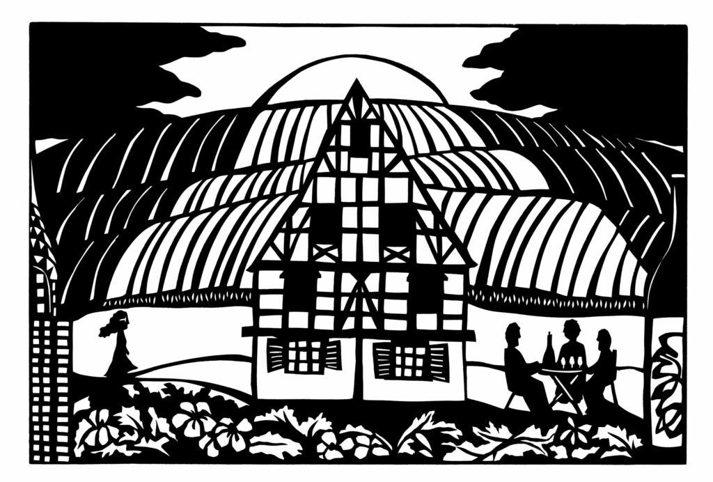 Black and white papercut of a woman walking towards a fachwerk house with 3 men sitting around a table drinking wine outside