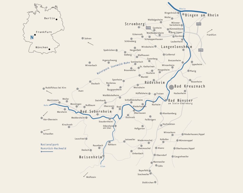 Close up and inlay map of Germany's Nahe winegrowing region