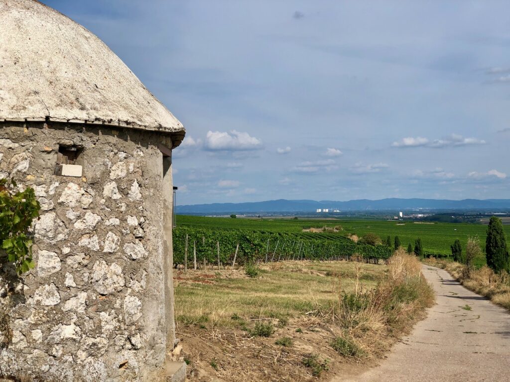 Stone Trullo in Rheinhessen vineyard in Westhofen with Vosges Mountains in background