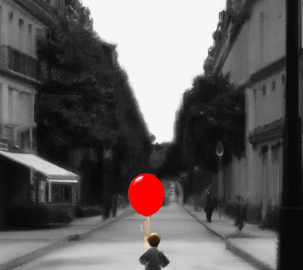 Black and white drawing of a small boy holding a red balloon on an empty Paris street