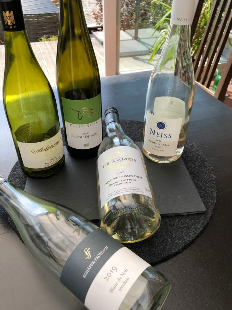 Empty Blanc de Noir wine bottles from Germany