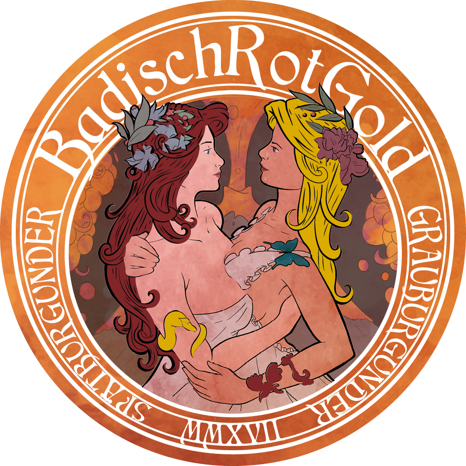 Art nouveau circle, orange background, two women, lightly dressed, embrace and look into each others' eyes. The German words Badisch Rot Gold Grauburguner Spatburguner MMXVII appear in the round.