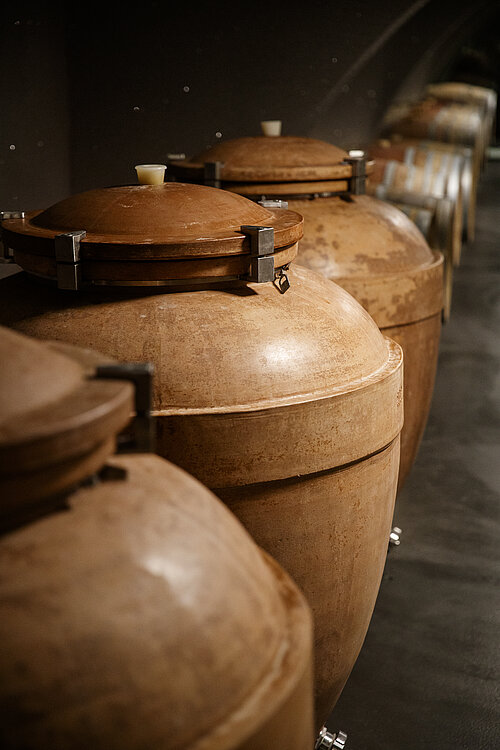 Large, brown, earthenware ceramic urns with small plastic stoppers line the foreground, with small wooden barrels in the background.