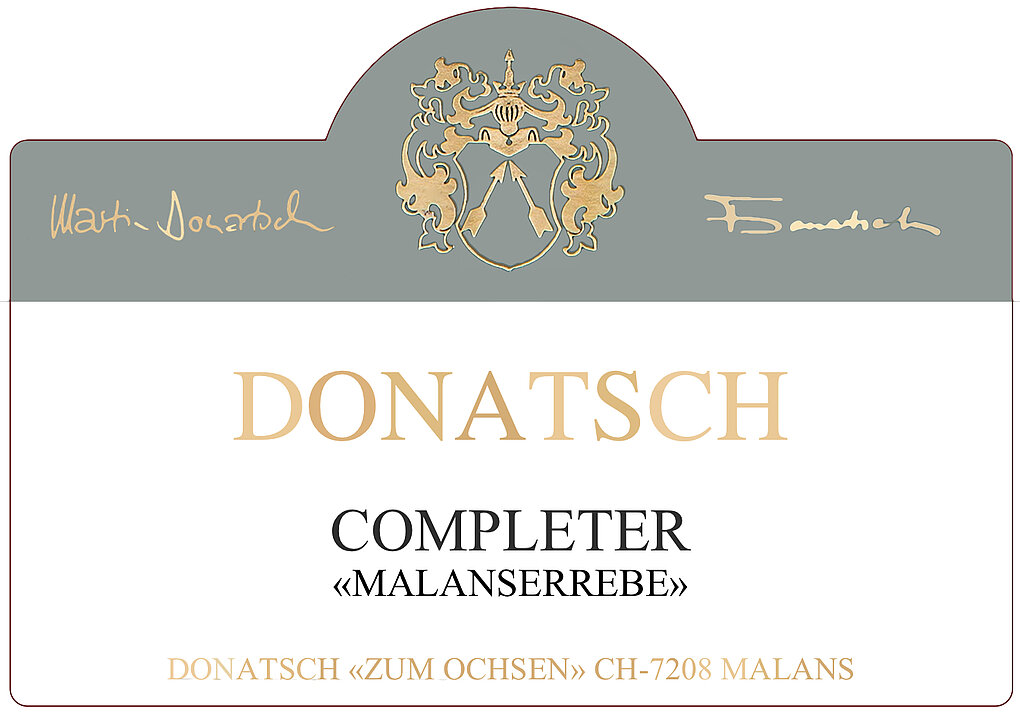 Wine label in white, grey, gold that reads DONATSCH Completer "Malansserebe"