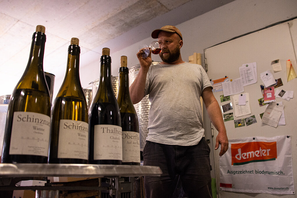 Tom Litwan tastes his Demeter red wine from a glass in his Swiss winery