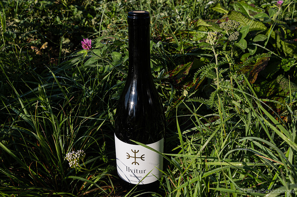 A bottle of Hoss Hauksson spirits sits in a field of grasses and clovers.
