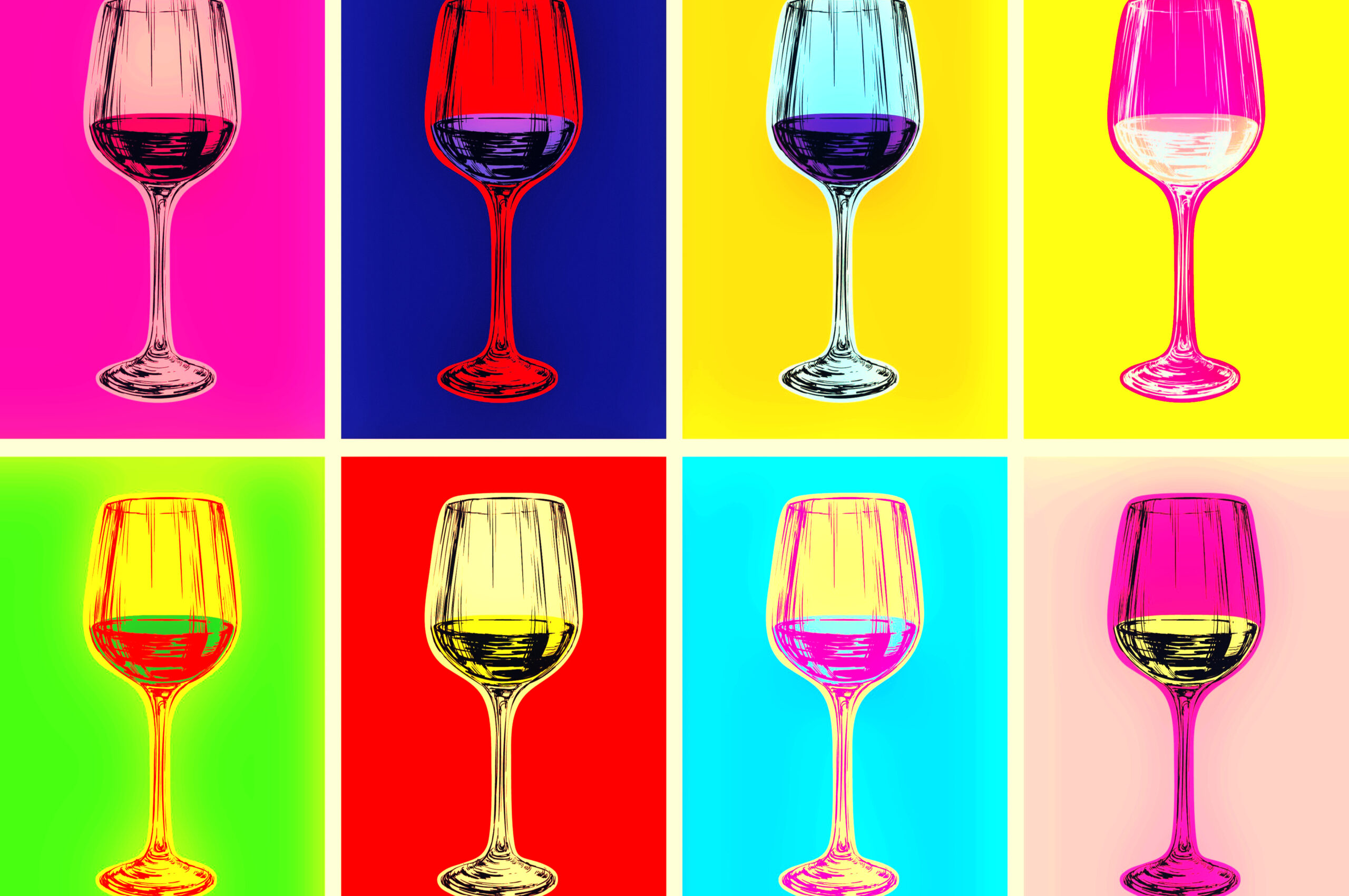 Eight hand drawn wine glasses on colored background in the style of Andy Warhol