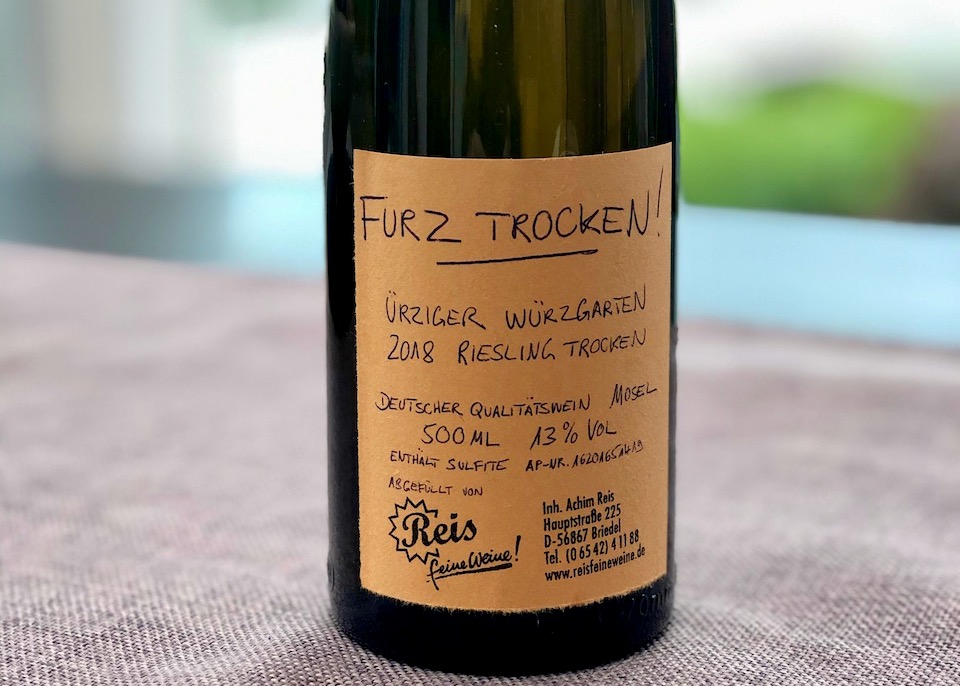 Bottle of Furztrocken Riesling wine from German estate Achim Reis in the Mosel