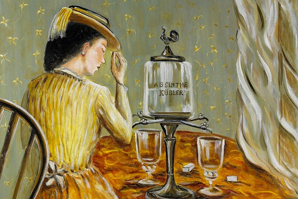 Impressionist painting of woman sitting in a yellow dress and hat with her back to the viewer and a large glass canister marked Absinthe with two glasses to her right on a brown table with a pale green background.