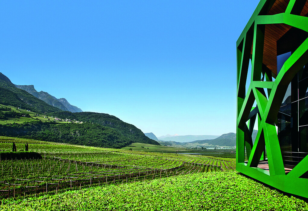 Green open architecture of Kellerei Tramin tasting room set among Alto Adige vineyards and mountains