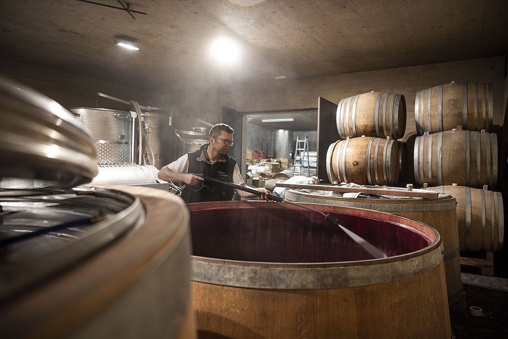 Winemaker rinsing open fermenting vat in barrel cellar