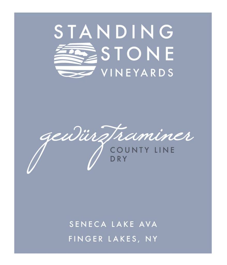Gewürztraminer wine label with an umlaut from Standing Stone vineyards.