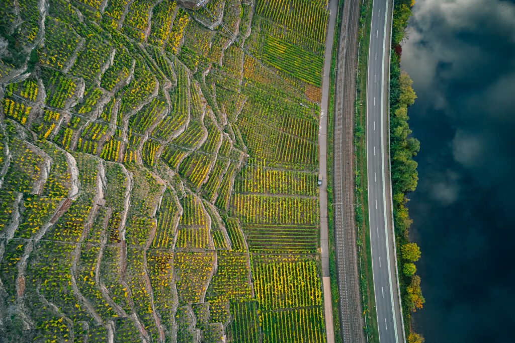 terraced vineyards with train tracks and a road bordered by a river