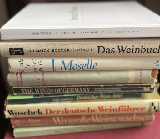 A stack of German wine books with Vom Boden: Ten Years of Hocks & Moselles on top