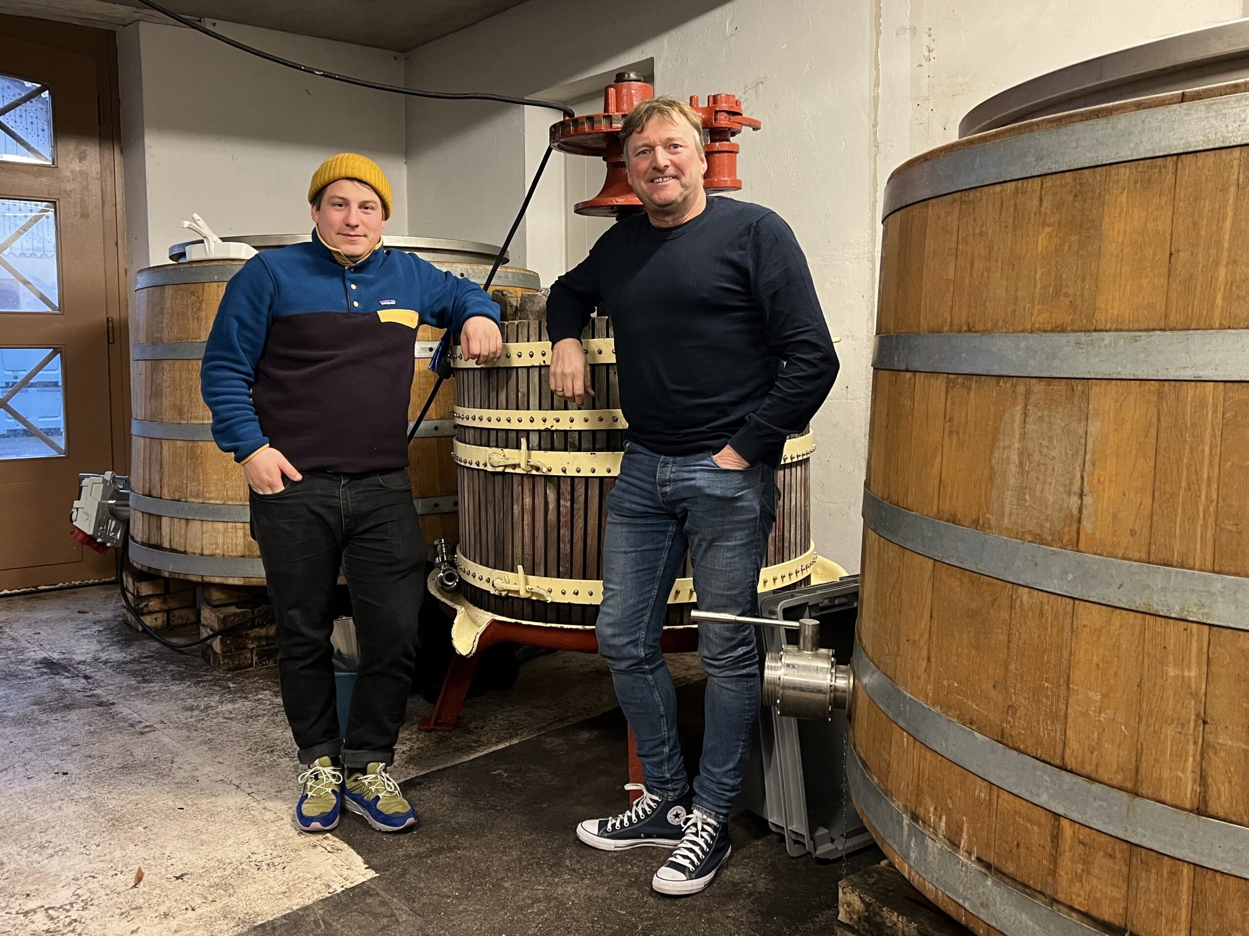 Silas Weiss and Hanspeter Zieresien in the cellar