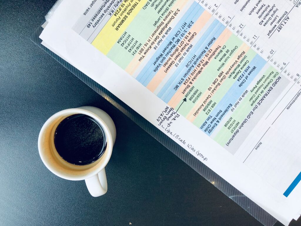 Prowein schedule beside a cup of coffee