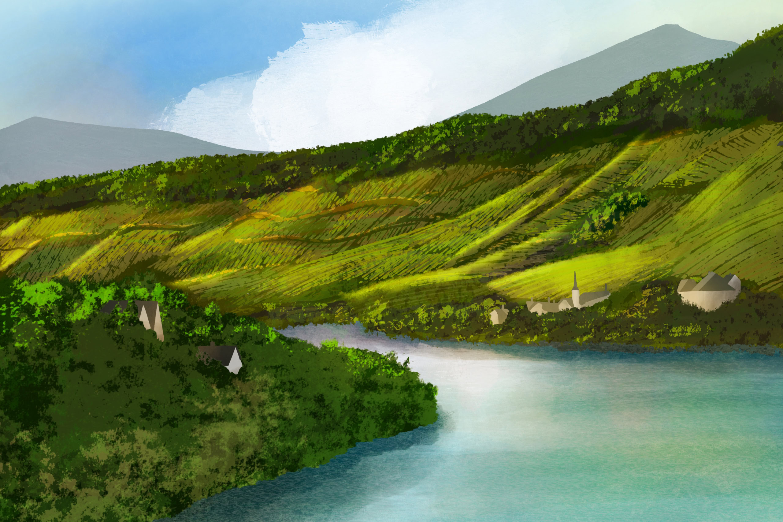 original illustration by Meg Make of Mosel river surrounded by vineyard slopes