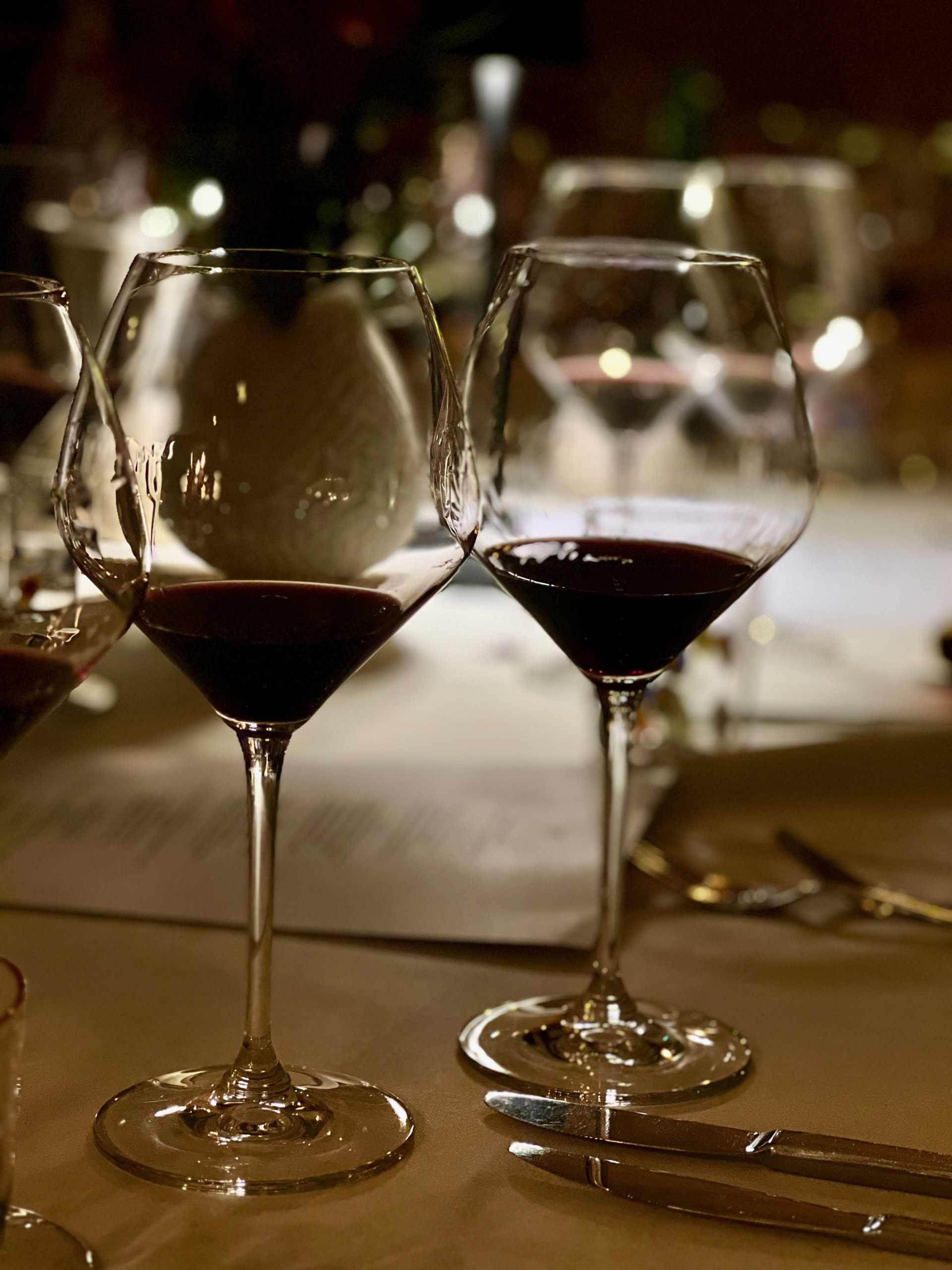 Two wine tasting glasses filled with German Pinot noir