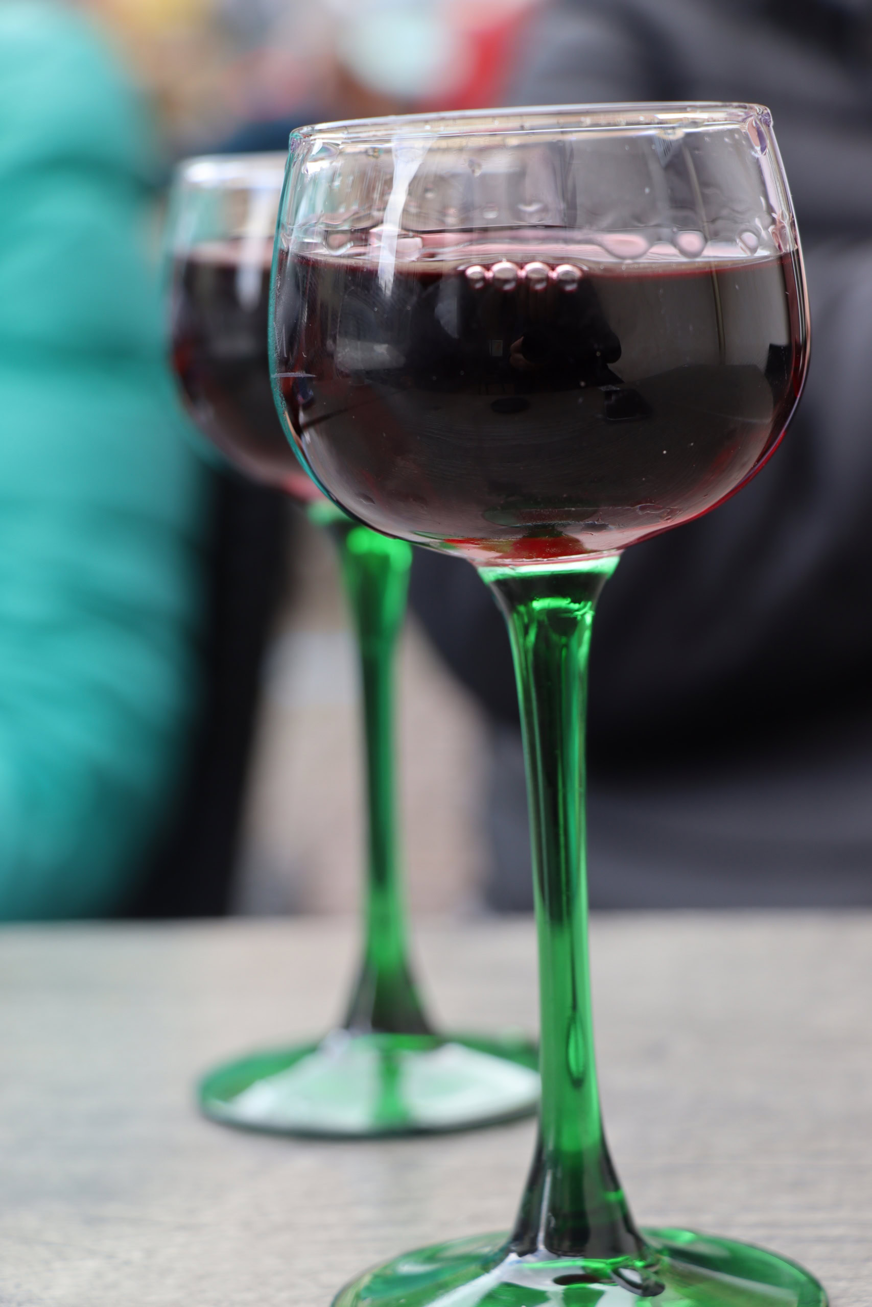 Old-fashioned Alsace glasses filled with Pinot Noir wine