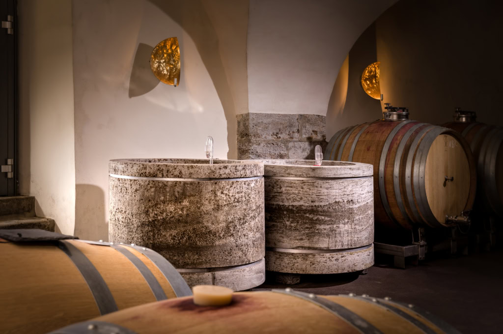 Franken casks made from limestone in the silvaner wine cellar of Meintzinger