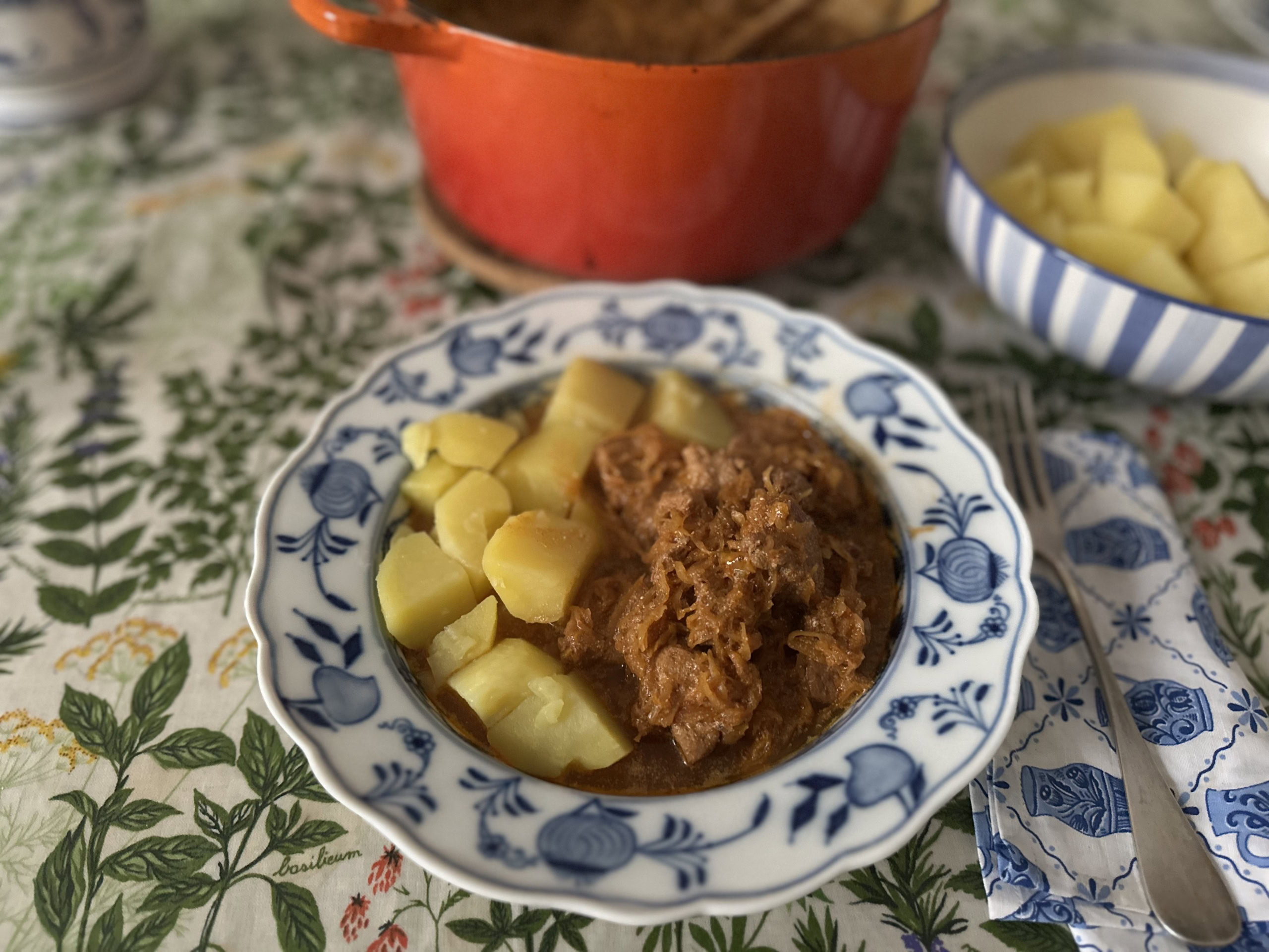 Szegediner Gulasch with potatoes in Berlin kitchen, Germany