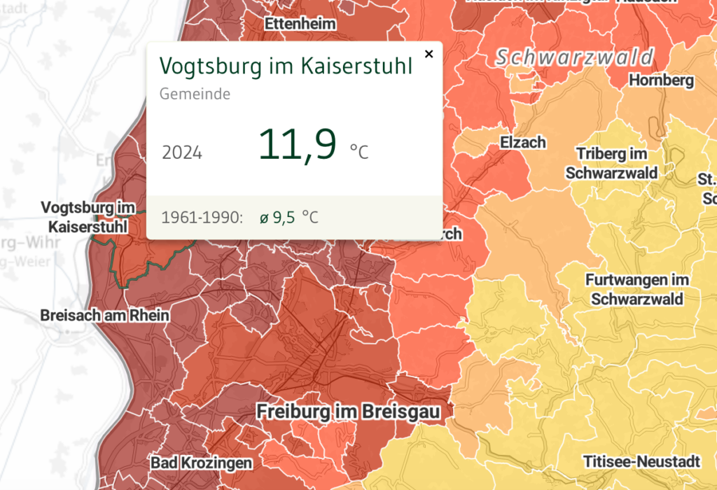 A map shows historical and current temperature data for the Kaiserstuhl, source Klimaatlas Baden-Württemberg