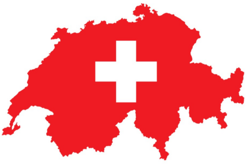 Red map of Switzerland with white cross in the middle.