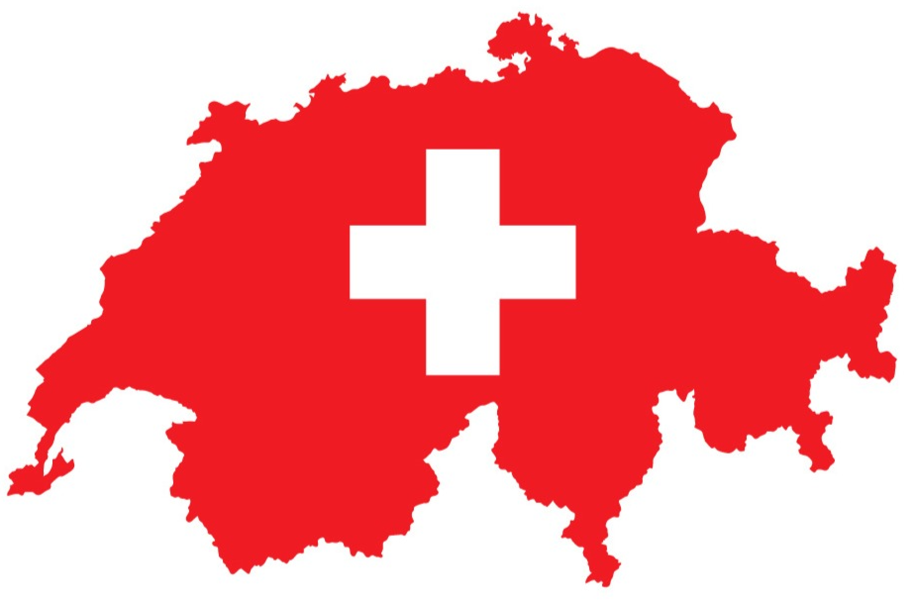 Red map of Switzerland with white cross in the middle.