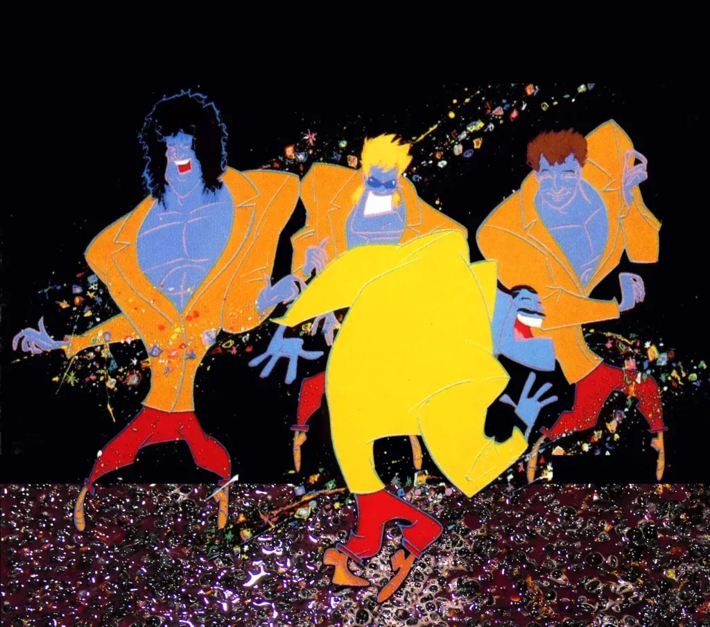 The animated, stylized illustration of the band Queen from their 'A Kind of Magic' album cover. The four members are depicted with blue skin, bright yellow and orange jackets, and red pants, dancing energetically.