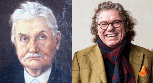 Painting of Zacharias Bergweiler-Prüm juxtaposed with a photograph of his great-grandson Erni Loosen