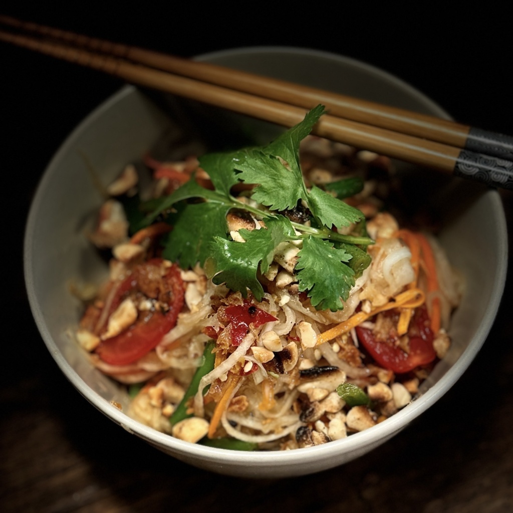 Som Tam Thai with chili, lime, herbs and peanuts on a wooden table